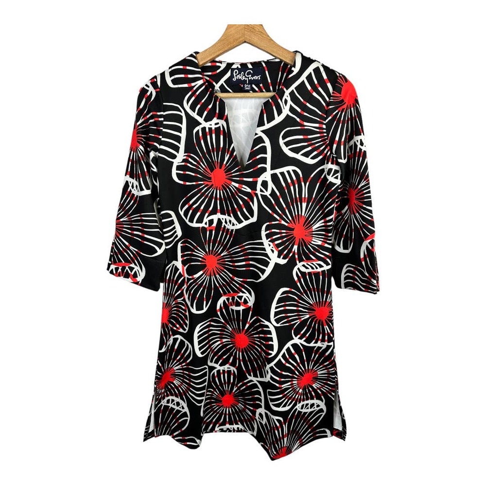 Lesley Evers Womens size XS Floral Retro Tunic Aline Dress Black White Red